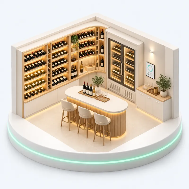 Illustration of a wine lounge with a climate-monitored cellar wall