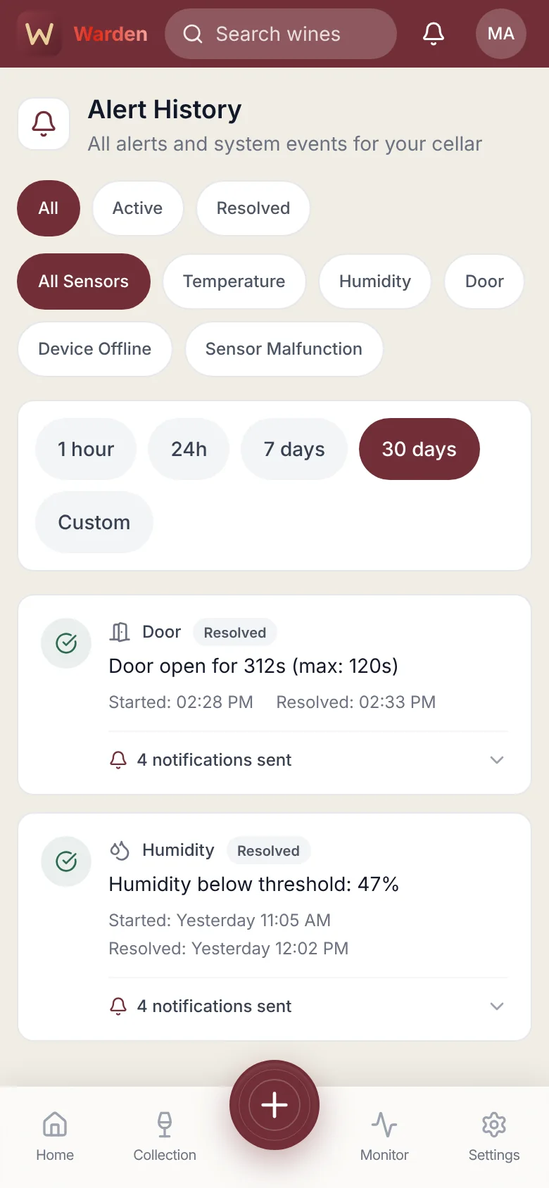 Warden phone app: Alert history